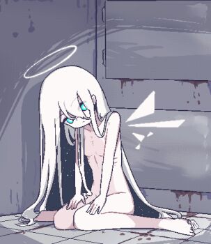1girl angel bad_id bad_twitter_id blood blue_eyes breasts chibikki colored_inner_hair completely_nude detached_wings expressionless eyes_visible_through_hair hair_between_eyes halo hands_on_lap highres inactive_account indoors loli long_hair long_hair_between_eyes multicolored_hair nude on_floor original patterned_hair pixel_art ribs sitting skinny small_breasts solo toe_tag traditional_halo very_long_hair wariza white_hair white_halo wings