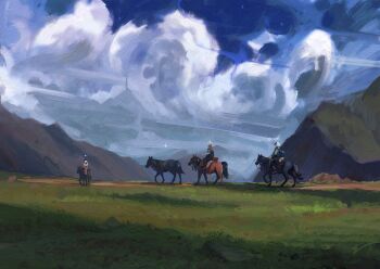 Rule 34 | 3others, ambiguous gender, animal, blue sky, cloud, cloudy sky, commentary, day, english commentary, field, highres, hill, horse, horseback riding, multiple others, open mouth, original, outdoors, painterly, quiet victories, riding, scenery, sky, wide shot