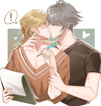 ! 2boys absurdres alhaitham_(genshin_impact) arm_up black_shirt blonde_hair blush clipboard closed_eyes closed_mouth collarbone commentary crew_neck fingernails genshin_impact grey_hair hand_on_another&#039;s_arm hand_on_another&#039;s_neck heart highres holding holding_clipboard holding_quill kaveh_(genshin_impact) male_focus momonnga03 multiple_boys quill red_eyes shirt speech_bubble spoken_exclamation_mark t-shirt yaoi