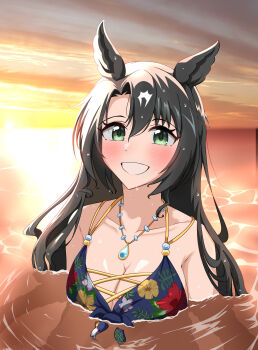 1girl absurdres abyss_kpn_(ki) animal_ears bare_shoulders bikini black_hair blue_bikini blush breasts cleavage collarbone commentary_request floral_print floral_print_bikini green_eyes grin hair_between_eyes highres horse_ears horse_girl jewelry large_breasts long_hair looking_at_viewer multicolored_hair necklace ocean official_alternate_costume official_alternate_hairstyle open_mouth outdoors partially_submerged print_bikini satono_crown_(sunny_island_splendor)_(umamusume) satono_crown_(umamusume) sky smile streaked_hair swimsuit teeth umamusume water wet white_hair