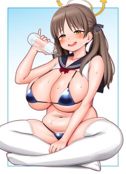 1girl belly bikini blue_archive blue_bikini blue_ribbon blush bottle breasts brown_hair cleavage crossed_legs detached_collar hair_ribbon halo holding holding_bottle huge_breasts indian_style long_hair moe_(blue_archive) navel oozon_(ozon) open_mouth pinky_out plastic_bottle plump pouring pouring_onto_self ribbon sailor_collar sitting smile solo swimsuit thighhighs twintails water_bottle wet white_thighhighs yellow_eyes