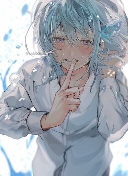 1boy blue_hair blush collared_shirt commentary_request finger_to_mouth hair_between_eyes highres long_sleeves looking_at_viewer male_focus medium_hair original parted_lips pink_eyes sahi00000 shirt shushing simple_background smile solo upper_body white_background white_shirt