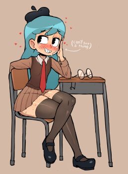 1girl arrow_(symbol) bandaid bandaid_on_cheek bandaid_on_face beret black_eyes black_hat black_shoes black_thighhighs blue_hair blush body_freckles braces breasts brown_background brown_shirt brown_skirt brown_vest chair classroom crossed_legs desk freckles freckles_on_legs freckles_on_thighs glasses grin hat head_rest heart hilda_(hilda) hilda_(series) loli long_hair long_sleeves looking_to_the_side lovestruck mary_janes necktie red_necktie rukisan(pixiv) school_uniform shirt shoes sitting skirt small_breasts smile sweat teeth thick_thighs thighhighs thighs unworn_eyewear vest wide_hips