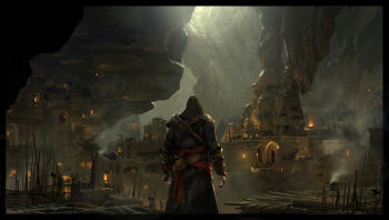 assassin's_creed:_revelations assassin's_creed_(series) brazier cave_interior commentary door english_commentary ezio_auditore_da_firenze fire from_behind highres hood hooded_jacket house jacket original painterly pillar raphael-lacoste scenery signature smoke town underground window