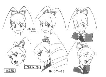 Rule 34 | 1girl, absurdres, bow, concept art, drill hair, hair bow, half-closed eyes, highres, long hair, luna platz (mega man), mega man (series), mega man star force (series), multiple expressions, multiple views, official art, open mouth, simple background, smile, smug, third-party source, twin drills, very long hair, white background