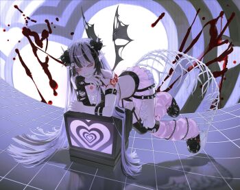 1girl asymmetrical_sleeves bare_shoulders black_bra black_shoes black_streaks black_wings blood blue_background bra breasts closed_mouth commentary crt double_bun english_commentary eyeball_hair_ornament fangs floating hair_bun heart highres indie_virtual_youtuber long_hair looking_at_viewer medium_breasts mismatched_sleeves multicolored_hair nxctes parted_bangs pink_skirt pink_socks pointy_ears purple_hair red_eyes red_tongue second-party_source sharp_teeth shoes skeletal_tail skirt smile socks solo spikes sprinkle_hershy streaked_hair tail teeth television tongue tongue_out torn_wings underwear very_long_hair virtual_youtuber wings