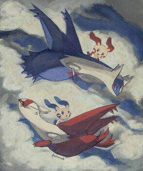 artist_name blue_sky cloud cloudy_sky dietranch flying gen_3_pokemon happy highres latias latios legendary_pokemon minun nintendo no_humans plusle pokemon pokemon_(creature) sky surprised