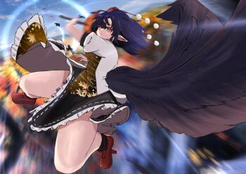 Rule 34 | 1girl, bird wings, black hair, black skirt, black wings, blurry, blurry background, commentary request, geta, hat, hauchiwa, highres, leaf print, maple leaf print, outdoors, pointy ears, pom pom (clothes), red hat, red shoes, ribbon-trimmed skirt, ribbon trim, shameimaru aya, shoes, skirt, solo, tengu, tengu-geta, tokin hat, tooya0130, touhou, wings