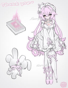 1girl am314 black_eyes book bow breasts closed_umbrella commentary_request commission dress empty_eyes fire full_body hair_bow hat highres holding holding_umbrella layered_dress leg_ribbon long_hair looking_at_viewer medium_breasts original pantyhose pink_bow pink_hair pink_ribbon pink_shoes rabbit_ornament ribbon sample_watermark scar scar_on_chest sewn_together shoes simple_background skeb_commission smile solo stuffed_animal stuffed_rabbit stuffed_toy umbrella watermark white_background white_bow white_dress white_pantyhose