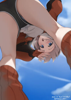 1girl birthday black_shorts blue_eyes commentary_request dated from_below grey_hair highres hugging_own_legs idolmaster idolmaster_shiny_colors looking_at_viewer looking_down open_mouth panties panties_under_shorts panty_peek pyonsan red_socks serizawa_asahi shirt short_hair short_shorts shorts socks solo twitter_username underwear upshorts white_panties white_shirt