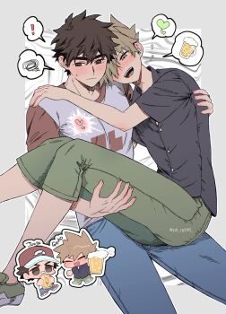 Rule 34 | !, 2boys, alcohol, arm around neck, baseball cap, beer, beer mug, black shirt, blue oak, blue pants, blush, brown eyes, brown hair, buttons, chibi, chibi inset, closed eyes, closed mouth, commentary request, crew neck, cup, denim, drunk, green pants, hat, head on another's shoulder, heart, highres, holding, holding cup, jeans, male focus, mug, multiple boys, nintendo, open mouth, pants, pk rgr96, pokemon, pokemon sm, print shirt, red (pokemon), red hat, shirt, short hair, short sleeves, sitting, sitting on lap, sitting on person, smile, speech bubble, spiked hair, spoken exclamation mark, spoken heart, spoken object, wing collar, yaoi