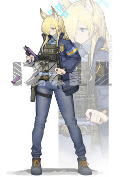1girl 2025 :/ absurdres alternate_costume ammunition_pouch animal_ear_fluff animal_ears armband artist_name belt belt_pouch blonde_hair blue_archive blue_armband blue_eyes blue_halo blue_shirt body_cam boots breasts brown_belt buckle bulletproof_vest cellphone chinese_commentary closed_mouth collared_shirt commentary commission dated denim dog_ears dog_girl earpiece epaulettes extra_ears full_body glock grey_boots gun hair_over_one_eye halo handgun highres holding holding_gun holding_weapon holster jacket jeans kanna_(blue_archive) lace-up_boots large_breasts load_bearing_vest long_hair long_sleeves looking_down magazine_(weapon) null_(user_zske3258) open_clothes open_jacket pants phone phone_holder police police_badge police_uniform policewoman pouch purple_armband reloading shirt simple_background smartphone snap-fit_buckle solo standing tactical_clothes thigh_holster trigger_discipline unit_patch united_states_marshal walkie-talkie watermark weapon white_background zoom_layer