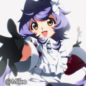 1girl :d artist_name black_gloves blurry bow commentary_request depth_of_field dress fang gloves hair_bow highres holding long_hair long_sleeves looking_at_viewer miko_heb open_mouth orange_eyes original purple_hair reaching reaching_towards_viewer red_sleeves sidelocks skin_fang smile solo upper_body white_background white_bow white_dress wide_sleeves