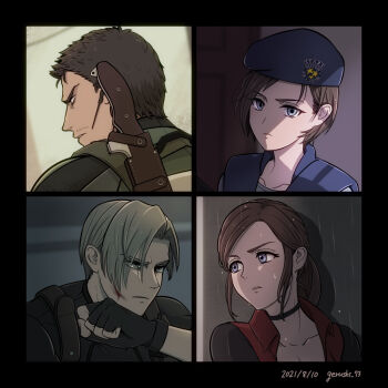 Rule 34 | 2boys, 2girls, beret, black gloves, blonde hair, blue eyes, blue hat, brown hair, choker, chris redfield, claire redfield, daisy mk 589, fingerless gloves, gloves, hat, jill valentine, leon s. kennedy, multiple boys, multiple girls, ponytail, resident evil, resident evil - code: veronica, resident evil 1, resident evil 4, resident evil 5, shoulder pads