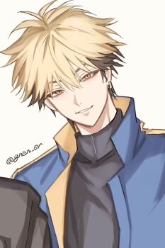 1boy antenna_hair black_hair black_shirt blonde_hair blue_jacket commentary_request ear_piercing earrings gnsn_er hair_between_eyes head_tilt jacket jewelry looking_at_viewer male_focus multicolored_hair open_clothes open_jacket orange_eyes parted_lips piercing shiguang_dailiren shirt short_hair simple_background smile solo turtleneck twitter_username two-tone_hair upper_body white_background xia_fei