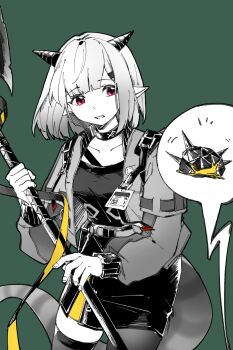 1girl arknights asymmetrical_legwear chinese_commentary commentary_request green_background highres holding horns infection_monitor_(arknights) jacket layered_sleeves long_sleeves open_clothes open_jacket originium_slug_(arknights) parted_lips partially_colored piaoliu_ping_ping_ping_pingzi pink_eyes pointy_ears shirt short_hair short_over_long_sleeves short_sleeves simple_background single_leg_pantyhose single_thighhigh skirt solo t-shirt thighhighs uneven_legwear vanilla_(arknights)