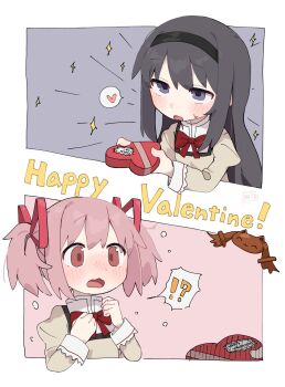 Rule 34 | !?, 2girls, akemi homura, black hair, black hairband, blush, bow, bowtie, box, buivi, commentary, hair ribbon, hairband, happy valentine, heart, heart-shaped box, highres, juliet sleeves, kaname madoka, kyubey, long hair, long sleeves, mahou shoujo madoka magica, mahou shoujo madoka magica (anime), mitakihara school uniform, multiple girls, open mouth, pink eyes, pink hair, pink ribbon, puffy sleeves, purple eyes, red bow, red bowtie, ribbon, school uniform, shirt, short twintails, sparkle, spoken heart, spoken interrobang, sweat, twintails, untranslatable commentary, yellow shirt, yuri