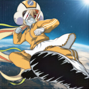 1girl bandaged_hand bandages blonde_hair breasts colored_skin earth_(planet) eyes_visible_through_hair fangs flying_kick grey_skin grin hair_over_one_eye helmet highres jacket kicking long_hair low_ponytail medium_breasts multicolored_hair nikaidou_saki orange_helmet orange_jacket orange_pants pants planet ponytail red_eyes red_hair shoes skirt smile space star_(sky) streaked_hair sun superhero_costume t_jiroo_(ringofriend) teeth track_jacket track_pants track_suit white_shoes white_skirt zombie zombie_land_saga