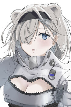 Rule 34 | 1girl, animal ears, arknights, aurora (arknights), bear ears, bear girl, black hairband, blue eyes, breasts, cleavage, cleavage cutout, clothing cutout, commentary request, cropped jacket, extra ears, grey hair, hair over one eye, hairband, highres, jacket, large breasts, parted lips, simple background, skri0720, solo, white background, white jacket
