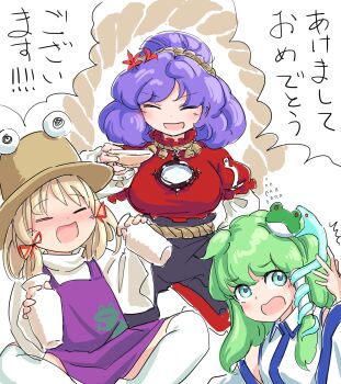 3girls :o ^^^ animal_print arm_up biting black_skirt blonde_hair blue_eyes blue_trim blush bottle bow brown_hat chinese_zodiac choko_(cup) closed_eyes commentary_request cup detached_sleeves dress flying_sweatdrops frog_hair_ornament frog_print green_hair hair_ornament hat highres holding holding_bottle holding_cup indian_style kochiya_sanae leaning_back living_clothes long_sleeves maple_leaf_hair_ornament medium_hair mirror moriya_suwako multiple_girls open_mouth puffy_short_sleeves puffy_sleeves purple_dress purple_hair red_bow red_shirt rope rope_belt s-a-murai shimenawa shirt short_hair short_sleeves sitting skirt sleeveless sleeveless_dress smile snake_hair_ornament snake_print speech_bubble swept_bangs thighhighs tipsy tokkuri touhou translation_request upper_body white_shirt white_thighhighs wide_sleeves yasaka_kanako year_of_the_snake