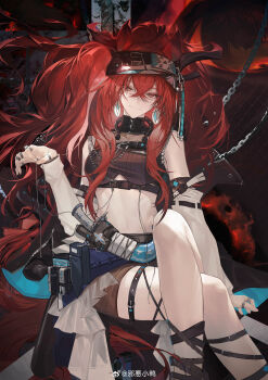 1girl absurdres animal_ears arknights bare_shoulders belt_pouch black_background black_headband black_shirt brown_ribbon brown_shorts chain crop_top crossed_bangs crossed_legs detached_sleeves earrings feet_out_of_frame headband highres holding holding_string jewelry knife leg_ribbon long_hair looking_at_viewer midriff mrilsweet narantuya_(arknights) pouch red_eyes red_hair ribbon ring sheath sheathed shirt short_shorts shorts sitting sleeveless sleeveless_shirt smile solo string very_long_hair watermark weibo_watermark