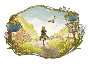 1girl absurdres animal_ears bag bird black_shoes braid cat_ears cat_girl cat_tail commentary_request faux_figurine fence final_fantasy final_fantasy_xiv flower from_behind grass hanging_plant highres leg_up miqo'te orange_hair outdoors pants path purple_flower road running shoe_soles shoes solo stone_walkway tail twin_braids warrior_of_light_(ff14) white_pants wooden_fence yuzaiii