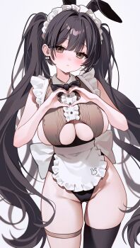 1girl animal_ears apron black_bow black_bowtie black_hair black_thighhighs blush bow bow_apron bowtie breasts brown_eyes buttons center_frills cleavage clothing_cutout collared_leotard commentary earrings fake_animal_ears frilled_apron frilled_hairband frills fymrie groin hairband hands_up head_tilt heart heart_hands highleg highleg_leotard highres jewelry large_breasts leotard long_hair looking_at_viewer maid maid_apron maid_headdress original playboy_bunny rabbit_ears sideboob simple_background single_thighhigh sleeveless solo standing thigh_strap thighhighs thighs twintails underboob underboob_cutout very_long_hair white_apron white_background white_bow