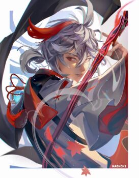 1boy anemo_symbol_(genshin_impact) commentary genshin_impact grey_hair haekchi hair_between_eyes highres japanese_clothes kaedehara_kazuha leaf looking_to_the_side male_focus parted_lips red_eyes red_streaks short_hair sideways_glance solo symbol-only_commentary tassel teeth upper_body vision_(genshin_impact)