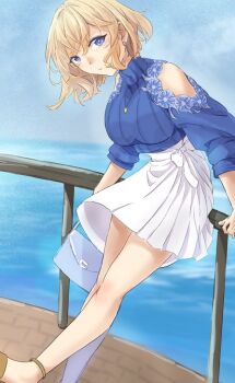 1girl blonde_hair blue_eyes blue_sweater clothing_cutout commentary_request earrings feet_out_of_frame gloire_(kancolle) gloire_(lawson)_(kancolle) jewelry kantai_collection leaning_forward railing shirt short_hair shoulder_cutout skirt solo sweater tonke turtleneck turtleneck_shirt turtleneck_sweater white_skirt