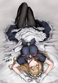 Rule 34 | 1girl, absurdres, apron, arms behind head, black pantyhose, blonde hair, blue dress, blue eyes, blush, bow, bowtie, breasts, centaureissi (girls' frontline 2), collared shirt, commentary request, dress, frilled dress, frills, full body, g36 (girls' frontline), gbobo, girls' frontline, girls' frontline 2: exilium, gloves, grin, hair between eyes, highres, legs, long hair, looking at viewer, looking up, lying, maid headdress, medium breasts, on back, pantyhose, red bow, red bowtie, shirt, short sleeves, smile, solo, thighs, upside-down, waist apron, white apron, white gloves, white shirt