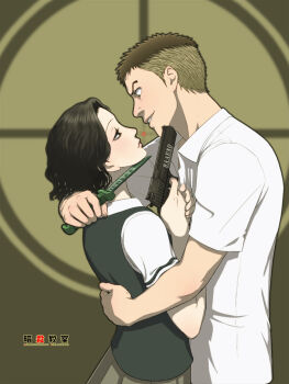 Rule 34 | 1boy, 1girl, aiming, aiming at another, ansatsu kyoushitsu, black hair, blade to throat, brown hair, collared shirt, commentary request, gun, handgun, hazama kirara, holding, holding gun, holding knife, holding weapon, hug, knife, kunugigaoka middle school uniform, looking at another, school uniform, shirt, simple background, skirt, terasaka ryouma, translation request, vest, weapon, white shirt, zugan (berugkamp)