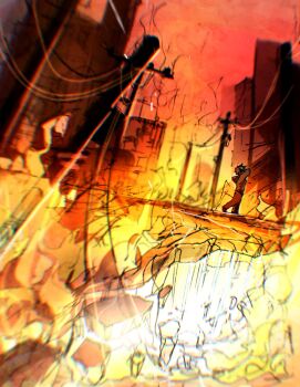 1boy burning destruction embers emiya_shirou fate/stay_night fate_(series) fire highres night outdoors scenery sksk_sn09 smoke solo