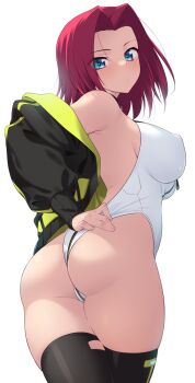 1girl alice_gear_aegis alicegearo alternate_costume ass backless_leotard bare_shoulders black_jacket black_thighhighs blue_eyes blush breasts code_geass covered_erect_nipples curvy from_behind hair_intakes hand_on_own_hip highleg highleg_leotard highres jacket kouzuki_kallen large_breasts leotard looking_at_viewer multicolored_jacket multicolored_leotard off_shoulder red_hair short_hair sleeveless_turtleneck_leotard solo thighhighs thighs two-tone_jacket two-tone_leotard white_background white_leotard wide_hips zipper_pull_tab