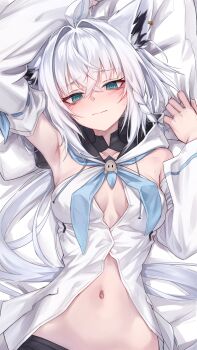1girl @_@ absurdres ahoge animal_ear_piercing animal_ears aqua_eyes arm_up bed_sheet blue_neckerchief braid breasts cleavage closed_mouth commentary crossed_bangs detached_sleeves double-parted_bangs fox_ears fox_girl hair_between_eyes hand_up highres hololive hood hooded_vest hoodie long_hair looking_at_viewer low_ponytail lying medium_breasts navel neckerchief on_back ponytail rei_(9086) shirakami_fubuki shirakami_fubuki_(1st_costume) side_braid single_braid solo stomach very_long_hair vest virtual_youtuber white_hair white_sleeves wide_sleeves