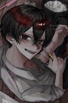 Rule 34 | 1boy, @ @, black eyes, black hair, commentary, double-parted bangs, exposed fat, feet out of frame, from above, grin, hair between eyes, highres, holding, holding razor, hosikage4040, imminent self-harm, looking at viewer, looking back, male focus, original, razor, scar, scar on arm, self-harm, shirt, short hair, sitting, smile, solo, trash can, untranslatable commentary, white shirt, wrist cutting