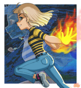 1girl abstract_background belt black_eyes black_shirt blonde_hair blunt_bangs border breasts earrings eyeshadow fire from_side grin heart heart_necklace highres jentry_chau jentry_chau_vs_the_underworld jewelry leg_up looking_at_viewer makeup medium_breasts necklace pants parted_lips pyrokinesis shirt shoes short_hair signature smile solo striped_clothes striped_shirt teeth uotapo yellow_shirt