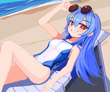 1girl adjusting_eyewear beach blue_hair blush breasts brodall_pixel commentary competition_swimsuit food-themed_hair_ornament hair_ornament hand_on_eyewear highres hinanawi_tenshi long_hair looking_at_viewer lying one-piece_swimsuit outdoors peach_hair_ornament red_eyes round_eyewear signature sitting solo sunglasses swimsuit touhou