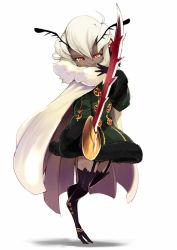 1girl antennae ario arthropod_girl bug dark-skinned_female dark_skin dress female_focus garter_belt garter_straps gloves insect insect_girl melange_(ario) monster_girl moth moth_girl original red_eyes simple_background solo standing sword weapon white_hair