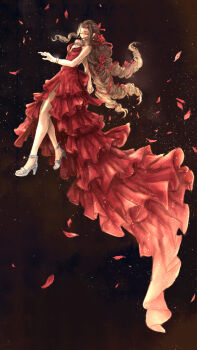 1girl aerith_gainsborough aerith_gainsborough_(red_dress) bare_shoulders bracelet breasts brown_hair closed_eyes dress falling_petals fanqianshu final_fantasy final_fantasy_vii final_fantasy_vii_remake flamenco_dress floating flower frilled_dress frills full_body grey_shoes hair_flower hair_ornament hair_ribbon hashtag-only_commentary high_heels highres jewelry long_dress long_hair medium_breasts official_alternate_costume open-toe_shoes parted_bangs petals red_dress red_flower red_petals red_ribbon ribbon ringlets shoes side_slit sidelocks solo strapless strapless_dress