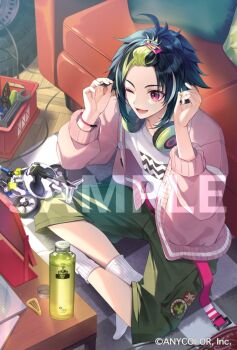 1boy bangs_pinned_back black_hair cardigan couch green_pants inami_rai indian_style indoors male_focus naruka_(ynarukay) nijisanji official_art one_eye_closed pants pink_cardigan pink_eyes sample_watermark shirt short_hair sidelocks sitting smile socks solo virtual_youtuber watermark white_shirt white_socks