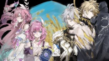 Rule 34 | 1boy, 1girl, absurdres, ahoge, aqua hair, as i've written (honkai: star rail), black cloak, blue eyes, book, breasts, chinese commentary, cloak, coat, commentary request, cracked skin, cyrene (demiurge) (honkai: star rail), cyrene (honkai: star rail), cyrene (philia093) (honkai: star rail), dress, flame reaver of the deepest dark, gold blood, hair ornament, heterochromia, highres, holding, holding book, honkai: star rail, honkai (series), jewelry, long hair, medium breasts, mem (honkai: star rail), multicolored hair, multiple persona, necklace, phainon (honkai: star rail), phainon (khaslana) (honkai: star rail), pointy ears, purple coat, small breasts, thanks-ran, two-tone hair, very long hair, wheat, white coat, white dress, white hair, yellow eyes