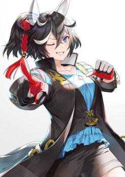 Rule 34 | 1girl, akatsuki (kuon), animal ears, black coat, black gloves, black hair, black shorts, blue eyes, blue shirt, blush, breasts, cleavage, cleavage cutout, clothing cutout, coat, collarbone, commentary request, ear covers, gloves, grin, hair between eyes, hair ornament, horse ears, horse girl, horse tail, jacket, katsuragi ace (umamusume), long hair, long sleeves, looking at viewer, medium breasts, multicolored gloves, multicolored hair, open clothes, open coat, open mouth, pointing, pointing at viewer, ponytail, red gloves, shirt, shorts, simple background, smile, solo, streaked hair, tail, tassel, tassel hair ornament, teeth, two-tone gloves, umamusume, white background, white hair