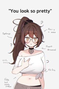 1girl :o ? absurdres arm_at_side arrow_(symbol) bags_under_eyes bare_shoulders black_choker black_panties black_scrunchie blush breasts brown_eyes brown_hair choker chromatic_aberration commentary cowboy_shot double-parted_bangs english_commentary english_text glasses grey_shorts hair_ornament hair_scrunchie hand_up heart heart_in_eye heart_pendant high_ponytail highres indie_virtual_youtuber large_breasts long_hair navel no_bra off-shoulder_shirt off_shoulder panties panty_peek parted_lips plump pointing pointing_at_self pointing_out_the_details ponytail round_eyewear scrunchie self-portrait shirt short_sleeves shorts simple_background sky_above_me sky_above_me_(vtuber) solo standing stomach straight-on symbol_in_eye tied_shirt underwear white_background white_shirt