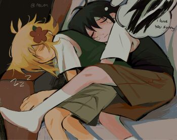 2boys antenna_hair artist_name arum_0m0 basil_(faraway)_(omori) basil_(omori) black_hair black_sweater_vest blonde_hair brown_shorts closed_eyes closed_mouth collared_shirt flower green_sweater_vest hair_flower hair_ornament highres lying male_focus multiple_boys omori on_side shirt short_hair short_sleeves shorts sidelocks sleeping socks something_(omori) spoilers sunny_(omori) sweater_vest white_shirt white_socks yaoi zzz