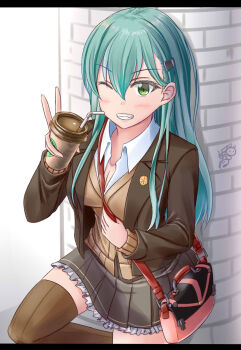 Rule 34 | 1girl, ;<, ayakase hotaru, breasts, brown thighhighs, cleavage, clenched teeth, commentary request, drinking straw, female focus, green eyes, green hair, hair between eyes, highres, kantai collection, long hair, looking at viewer, one eye closed, pocketbook, solo, suzuya (kancolle), teeth, thighhighs