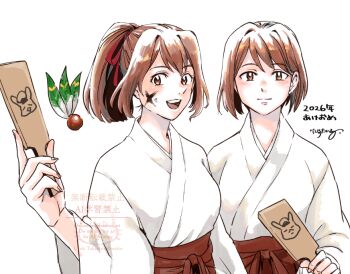 Rule 34 | 2girls, breasts, brown eyes, brown hair, closed mouth, commentary request, hair ribbon, hakama, hane (hanetsuki), hanetsuki, holding, holding paddle, hyuuga (kancolle), ink on face, ise (kancolle), japanese clothes, kantai collection, kimono, long sleeves, looking at viewer, multiple girls, open mouth, paddle, ponytail, red hakama, red ribbon, ribbon, short hair, simple background, upper body, uzaki (jiro), white background, white kimono, wide sleeves