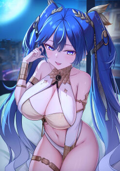 1girl absurdres ahoge alternate_breast_size_(larger) ancient_greek_clothes armlet backon bare_shoulders blue_eyes blue_hair blush breasts cleavage collarbone commentary fingernails gold_bra greco-roman_clothes hand_up highres huge_breasts indoors iuno_(wuthering_waves) jewelry laurel_crown long_hair looking_at_viewer multicolored_hair navel night open_mouth sitting smile solo stomach streaked_hair thighlet thighs twintails vambraces very_long_hair window wuthering_waves