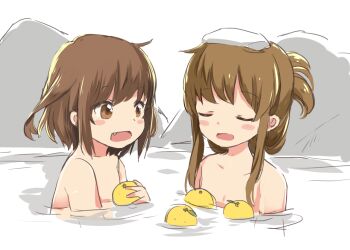 2girls bathing blush blush_stickers brown_eyes brown_hair closed_eyes collarbone commentary_request convenient_censoring fang flat_chest flower folded_ponytail hair_flower hair_ornament ikazuchi_(kancolle) inazuma_(kancolle) kantai_collection loli long_sidelocks looking_at_another medium_hair motohara_moka multiple_girls onsen open_mouth rock sidelocks towel towel_on_head upper_body water white_background