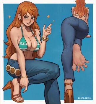 1girl ai-assisted artist_name ass barefoot bikini blue_background blue_pants border bra bracelet breasts brown_eyes cleavage denim earrings feet foot_focus foot_out_of_frame from_behind green_bikini green_bra high_heels highres jeans jewelry large_breasts legs long_hair nami_(one_piece) one_piece orange_hair pants parted_lips sandals skindentation smile soles spread_toes standing standing_on_one_leg stiletto_heels strappy_heels swimsuit timruya toenails toes underwear very_long_hair white_border