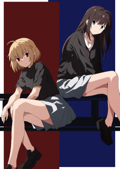 2girls ahoge aozaki_aoko arcueid_brunestud bench black_hoodie black_shirt blonde_hair blue_eyes brown_hair brown_shoes crossed_legs grey_skirt hair_intakes highres hood hoodie kishishi_(kishiman-ya) long_hair looking_at_viewer mahou_tsukai_no_yoru multiple_girls on_bench red_eyes shirt shoes short_hair sitting skirt smile tsukihime tsukihime_(remake) wavy_hair white_shirt
